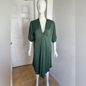 Garconne Short Sleeve Green Midi Silk Blend V-neck Dress Women Size L Pockets